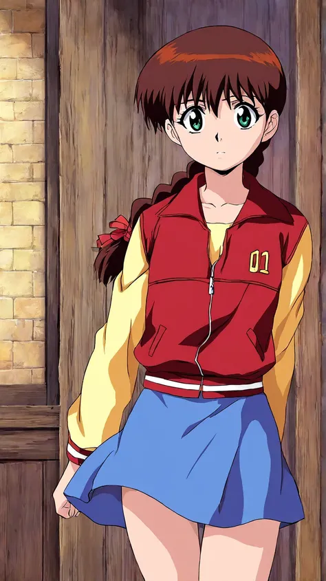 NSFW, masterpiece, best quality, 8K, high resolution, official art,  
anime style, digital painting, cell shading, soft shading, detailed lighting,

1 girl, solo, Miyanoshita_Satsuki, 1girl, brown hair, green eyes, single braid, long hair, bangs, ,blue skirt,red jacket,Yellow long sleeves,

soft shadows, cozy and intimate atmosphere