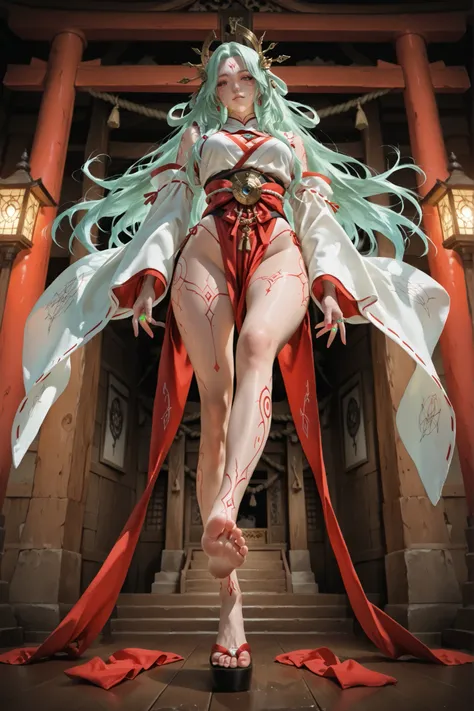 "Ultra-realistic digital painting of a futuristic cyber shrine maiden seated gracefully on an illuminated hexagonal platform inside a neon-lit temple. She wears a reimagined shrine maiden outfit with flowing sleeves and high-tech fabric—glowing with red an...