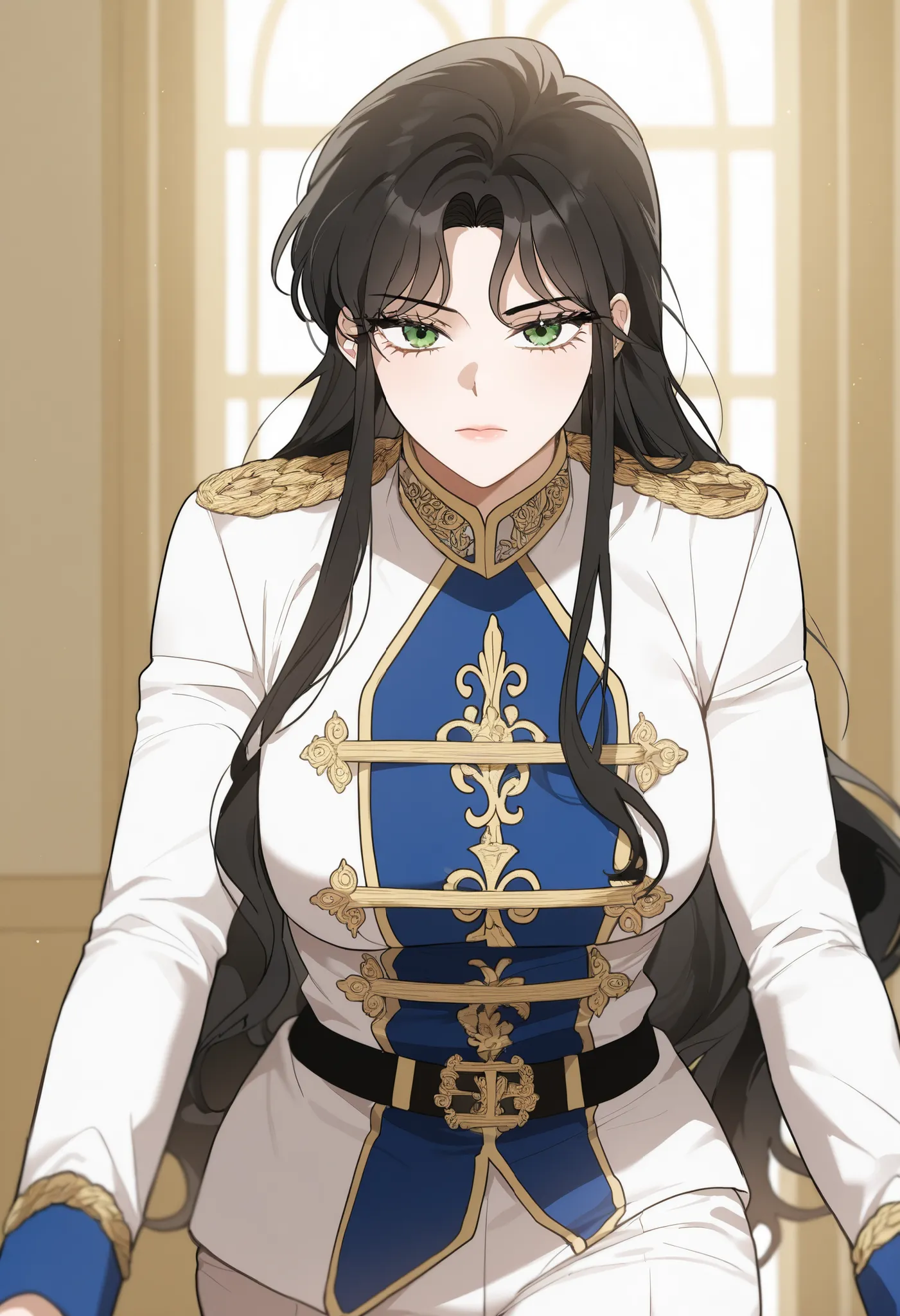 masterpiece, best quality, very detailed, , masterpiece, best quality, eyelashes, (Beautiful Eyes), cowboy shot,, Official webtoon Illustration, Official artwork,,1woman,long black hair,green shinny eyes,jacket with ornate gold decorations on the chest,cuf...