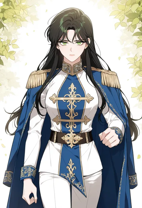 masterpiece, best quality, very detailed, , masterpiece, best quality, eyelashes, (Beautiful Eyes), cowboy shot,, Official webtoon Illustration, Official artwork,,1woman,long black hair,green shinny eyes,jacket with ornate gold decorations on the chest,cuf...