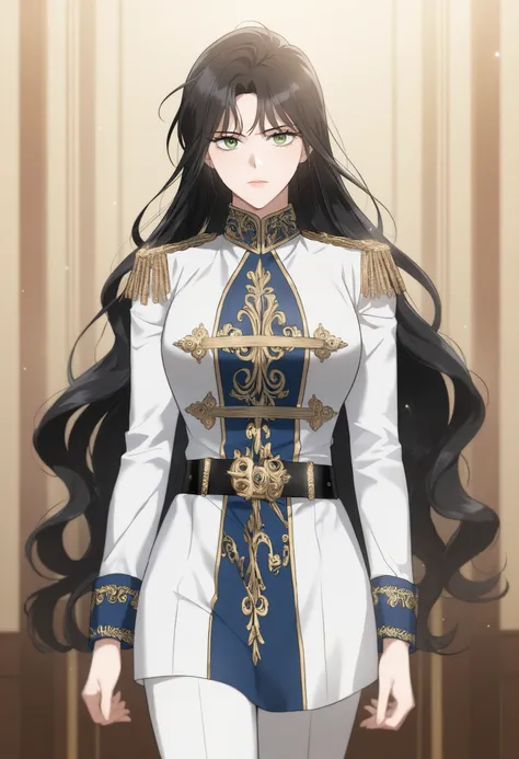 masterpiece, best quality, very detailed, , masterpiece, best quality, eyelashes, (Beautiful Eyes), cowboy shot,, Official webtoon Illustration, Official artwork,,1woman,long black hair,green shinny eyes,jacket with ornate gold decorations on the chest,cuf...