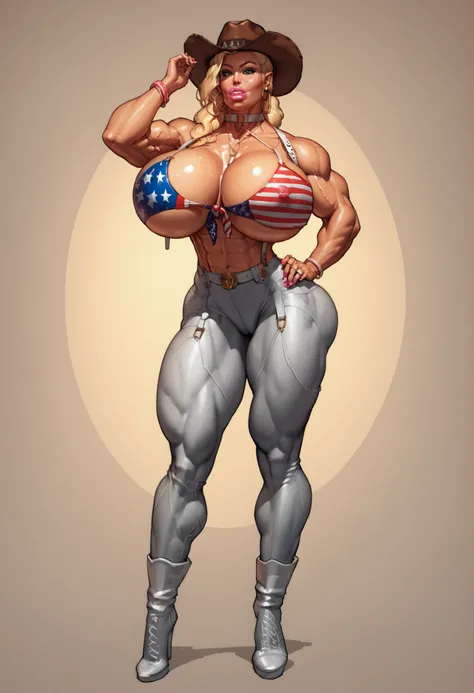 Muscular orc woman,strong,hot bimbo,big boobs,bimbo face,beautiful strong,full height,sexy cowboy look,white leather straps,america,4th july sexy,white cowboy hat,american flag strip look,Uncle Sam sexy suit,character alone.