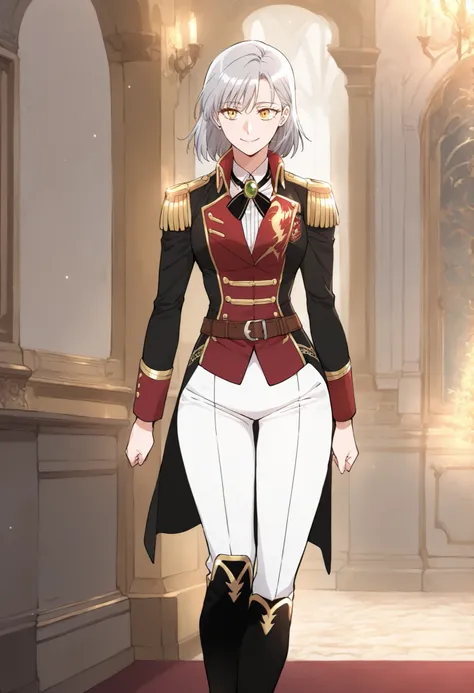 masterpiece, best quality, very detailed, , masterpiece, best quality, eyelashes, (Beautiful Eyes), cowboy shot,, Official webtoon Illustration, Official  artwork, screencap,1girl,soloshort gray hair, shinny golden eyes,military uniform,red and black doubl...