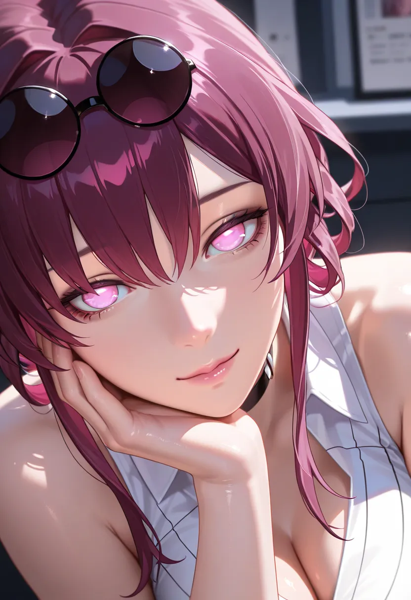 ultra detail, detailed face , detail eyes and hair, Beautiful eyes, Masterpiece, top quality, Photorealistic, 8k, 1girl, masterpiece, best quality, highly detailed, (illustration), shiny skin,detailed, (masterpiece:1.2), (soft skin:1.2), masterpiece, best quality, amazing quality, 1girl, honkai star rail, kafka, She wore a white sleeveless blouse with a subtle vertical striped pattern. The neckline was V-neck, in office