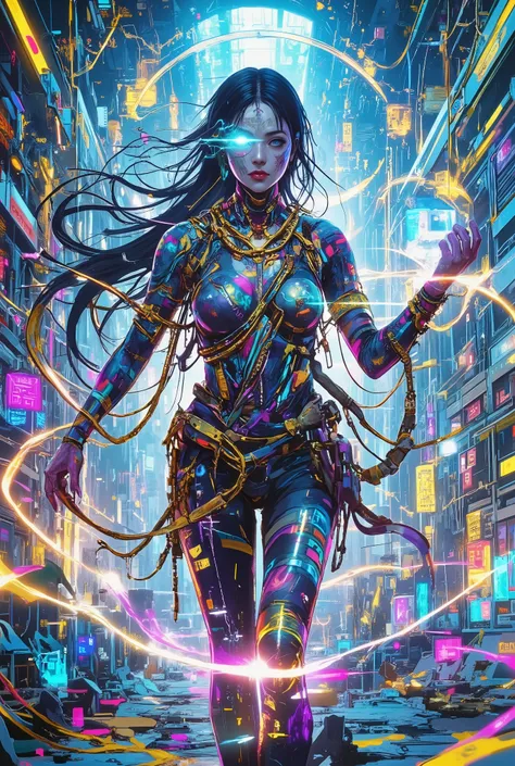The Cyberpriest, the sacred guardian of the digital temple, hovers in the neon expanses of the metaverse. Her body is a fusion of ancient magic and supertechnology: golden chains and cables that shimmer like spells, her face hidden under a holographic veil...