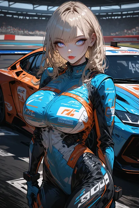 ONES,748cmstyle,A semi-realistic ultra high quality image of a sexysensual anime mechanic-girl standing in front of a car, wear sexy body-fitting mechanic-suit, big breast, with race-sponsor, looking to viewer, amazing pretty eyes, circuit of race in backg...