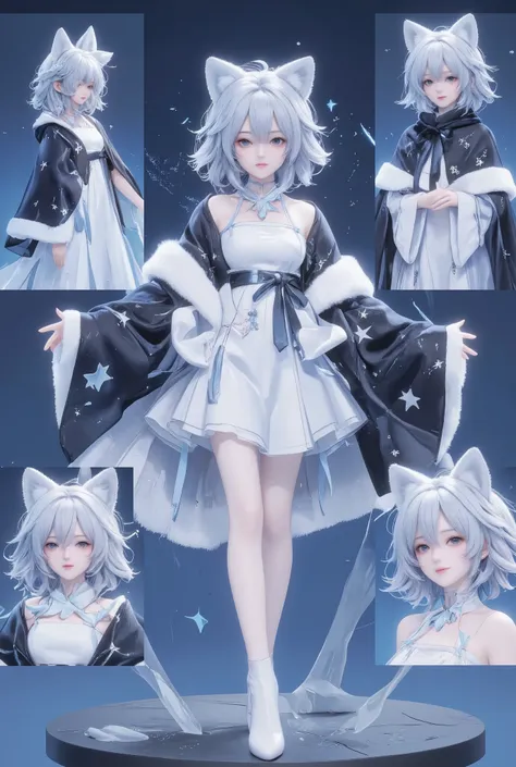 The image presents a digital rendering of a stylized character, showcased in several views against a blue backdrop with a subtle gradient. Centered are dual full-body front and back perspectives depicting the character's attire: woman in a white dress, wea...