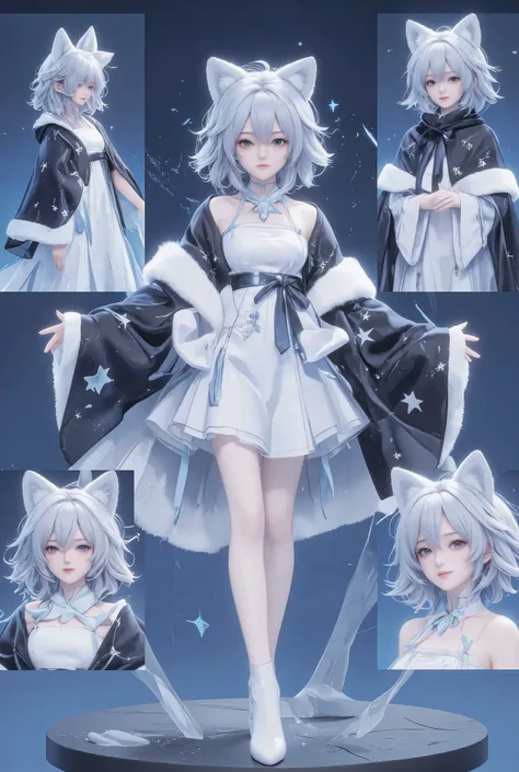 The image presents a digital rendering of a stylized character, showcased in several views against a blue backdrop with a subtle gradient. Centered are dual full-body front and back perspectives depicting the character's attire: woman in a white dress, wea...