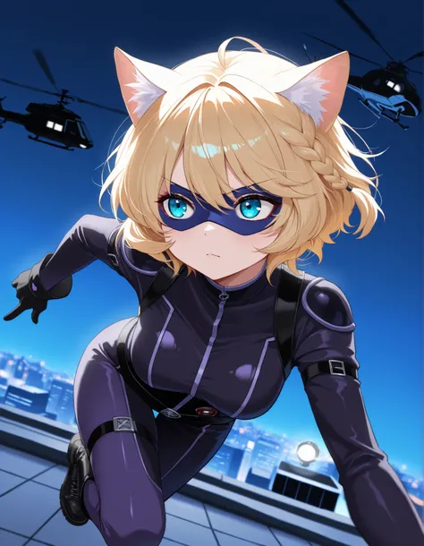 masterpiece, best quality, high resolution, intricate details, detailed background, professional, 8k, solo, solo focus, 1girl, young adult female, blonde hair, short hair, braid, aquamarine eyes, cat ears, animal ears, cat girl, cat burger, dark purple cat...