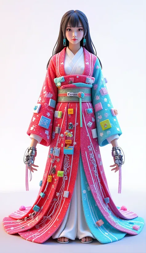 (((Shrine maiden))),machine,Japanese Kimono,Full Body,Professional woman ,Elegant posture,looking away,金屬質感的machine手臂,Electronic Circuit Board,Radiation Effect,Sci-Fi atmosphere,Delicate Face Wrinkles,4k HD,Super Fine Detail,Realistic, electromagnetic wave...