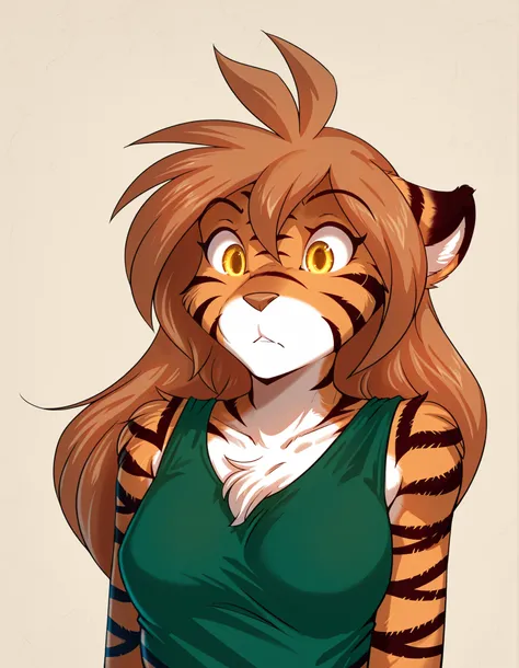 anawat,, masterpiece, best quality, very aesthetic, 1girl,, furry, solo, flora-twokinds, flora_twokinds,, tiger, striped fur, keidran, yellow eyes, anthro,, green shirt