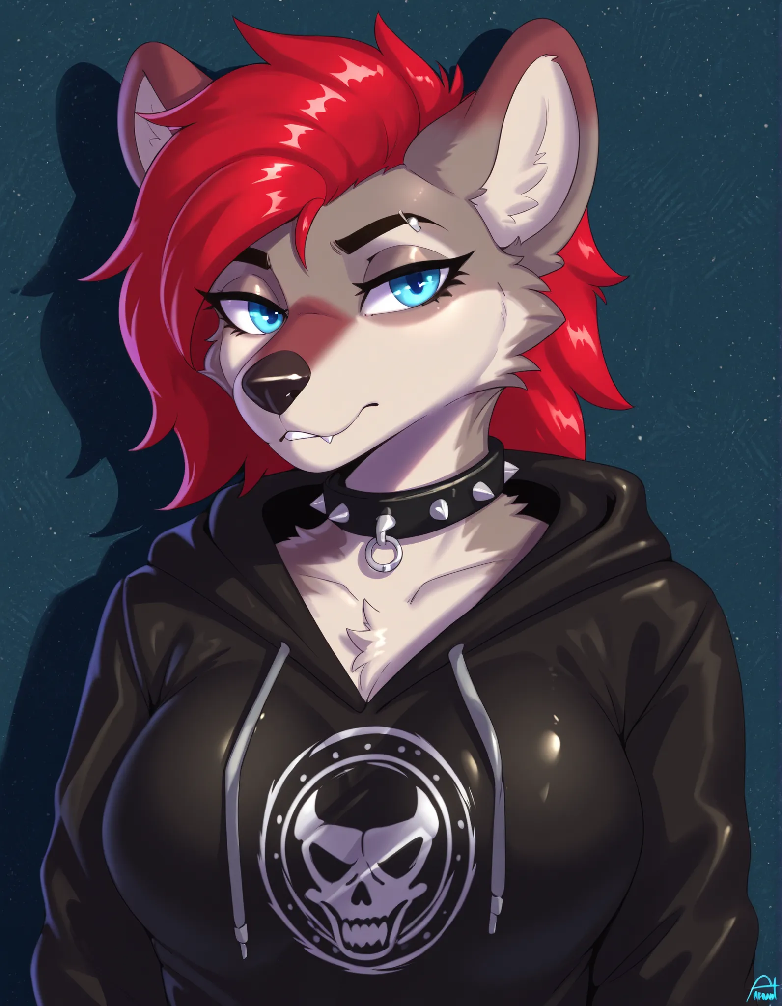 anawat,, 1girl, solo, anthro hyena, furry, furry female, blue eyes, punk, grey fur, black hoodie, breast, spike collar, red hair,
