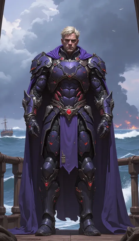 Epic character concept art of a tall, robust, handsome middle-aged man with thick messy short blond hair, chiseled features, and a stern, commanding expression. He is clad in intricate sci-fi fantasy hybrid bodysuit armor, predominantly deep indigo and roy...