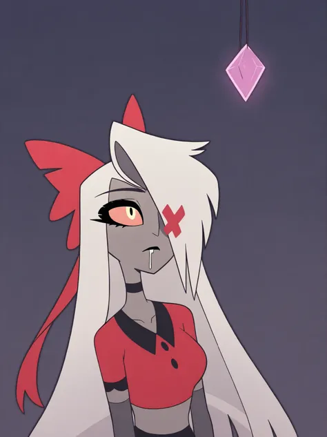 masterpiece, best quality, amazing quality, very aesthetic, absurdres, newest, 1girl, solo, standing, vaggie \(hazbin hotel\), vaggie, grey skin, hair over one eye, white hair, long hair, colored sclera, hair bow, X-shaped eye patch, upper body, expression...