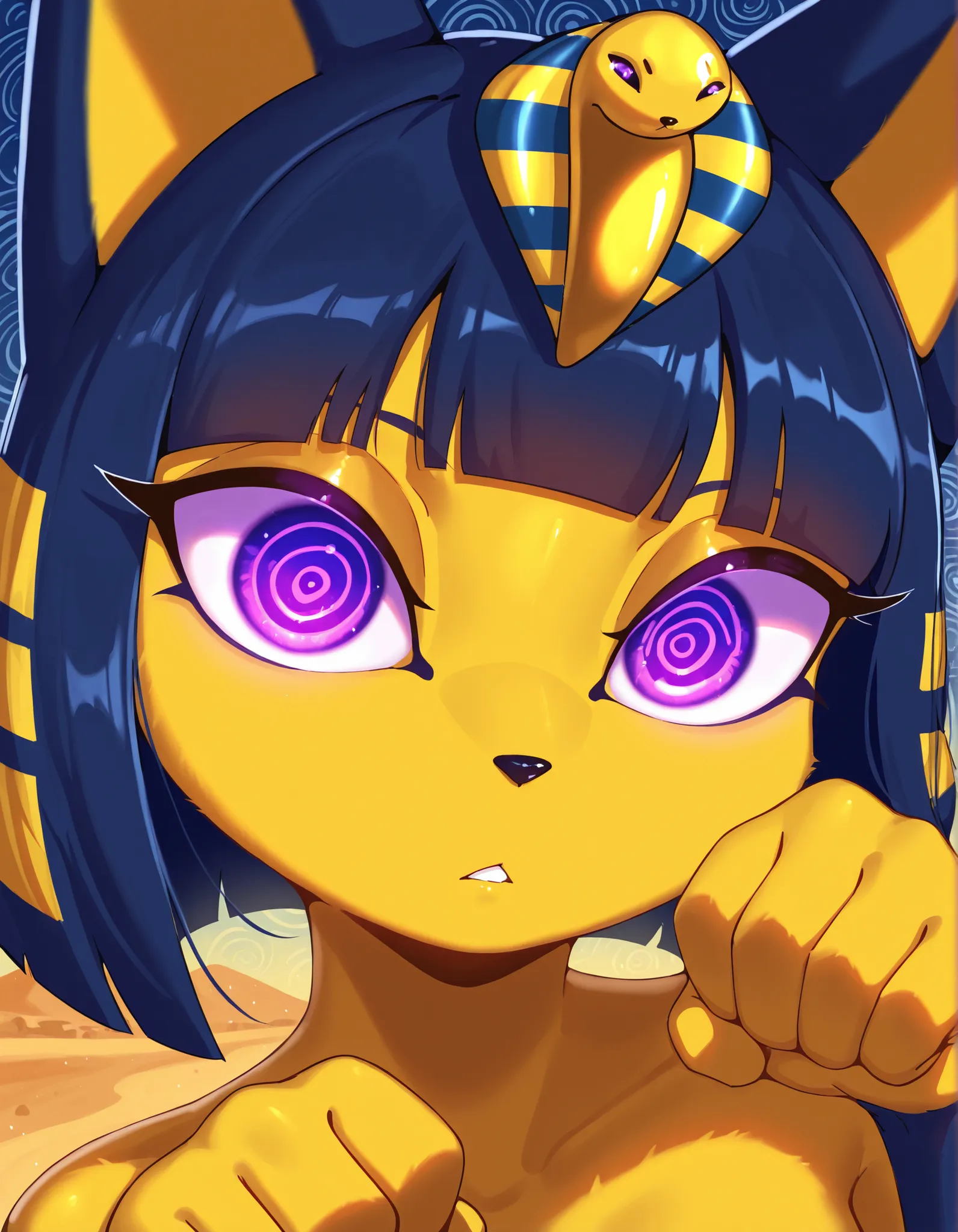 anawat,, depth of field, 1girl, furry, ankha \(animal crossing\), expressionless, eye reflection, yellow background, yellow theme, blue background, desert, spiral eyes, purple eyes, glowing eyes, wide-eyed, paw pose, looking at viewer, close-up, parted lip...