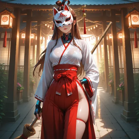 Masterpiece, best quality, ultra-detailed, vibrant, very aesthetic, high contrast, semrealistic, newest, skindentation, 1girl, solo, shrine maiden from the future, shrone maiden outfit, medium breasts, long hair, top knot, cyberpunk, cybernetic limb, fox m...