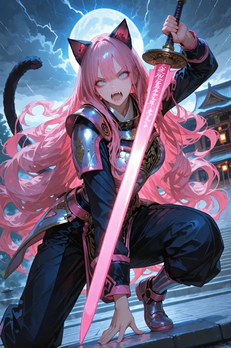 748cmstyle, fine trait,Beautiful Gorgeous Magician Neko-Girl, ((very long long wavy Pink hair)), cat ears, cat tail, open mouth with fangs, handling a big sword , stance fighting, Armor in Blue Steel, handling a ancient mistic magical-staff, Photographic, ...