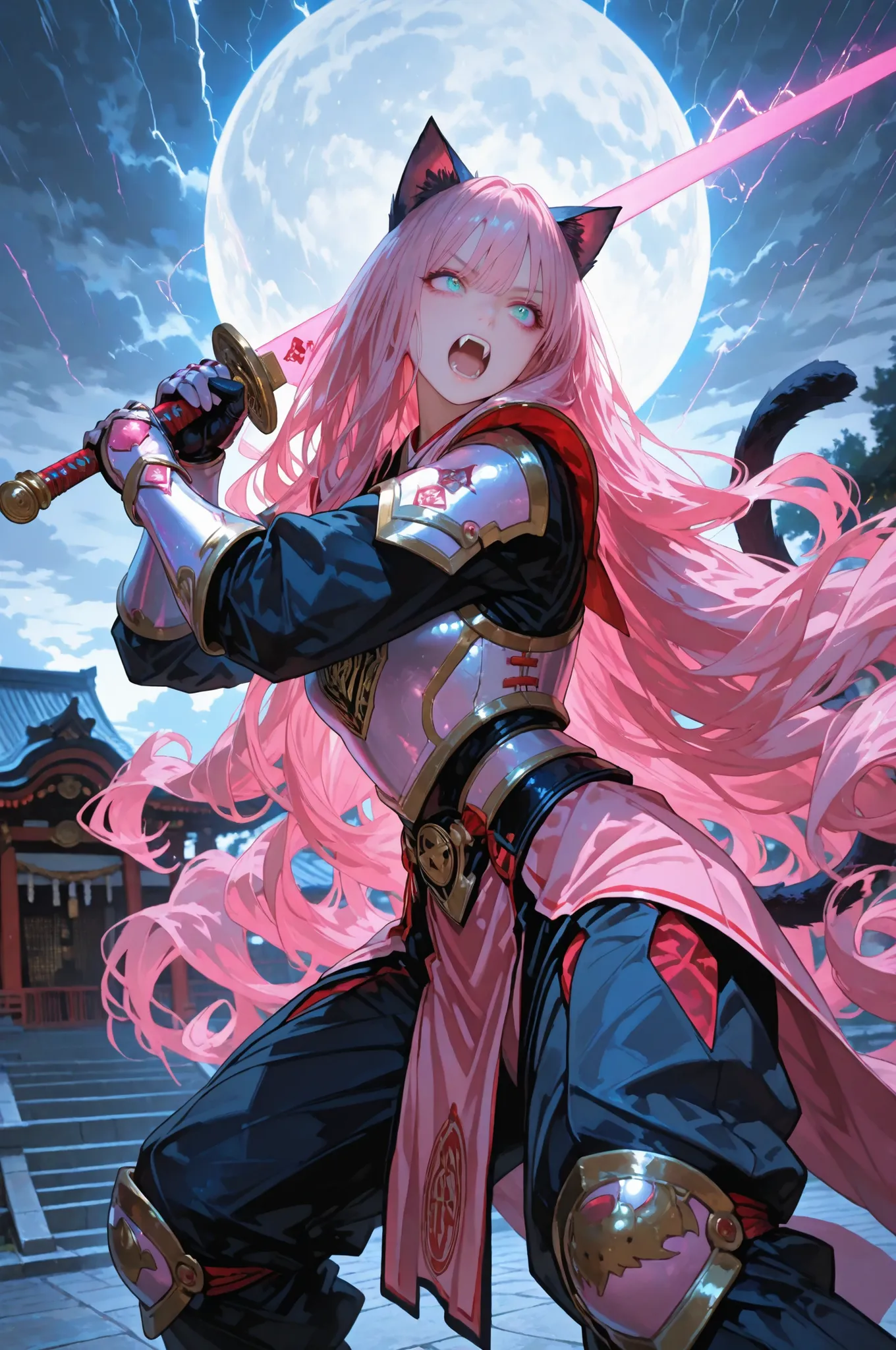 748cmstyle, fine trait,Beautiful Gorgeous Magician Neko-Girl, ((very long long wavy Pink hair)), cat ears, cat tail, open mouth with fangs, handling a big sword , stance fighting, Armor in Blue Steel, handling a ancient mistic magical-staff, Photographic, ...
