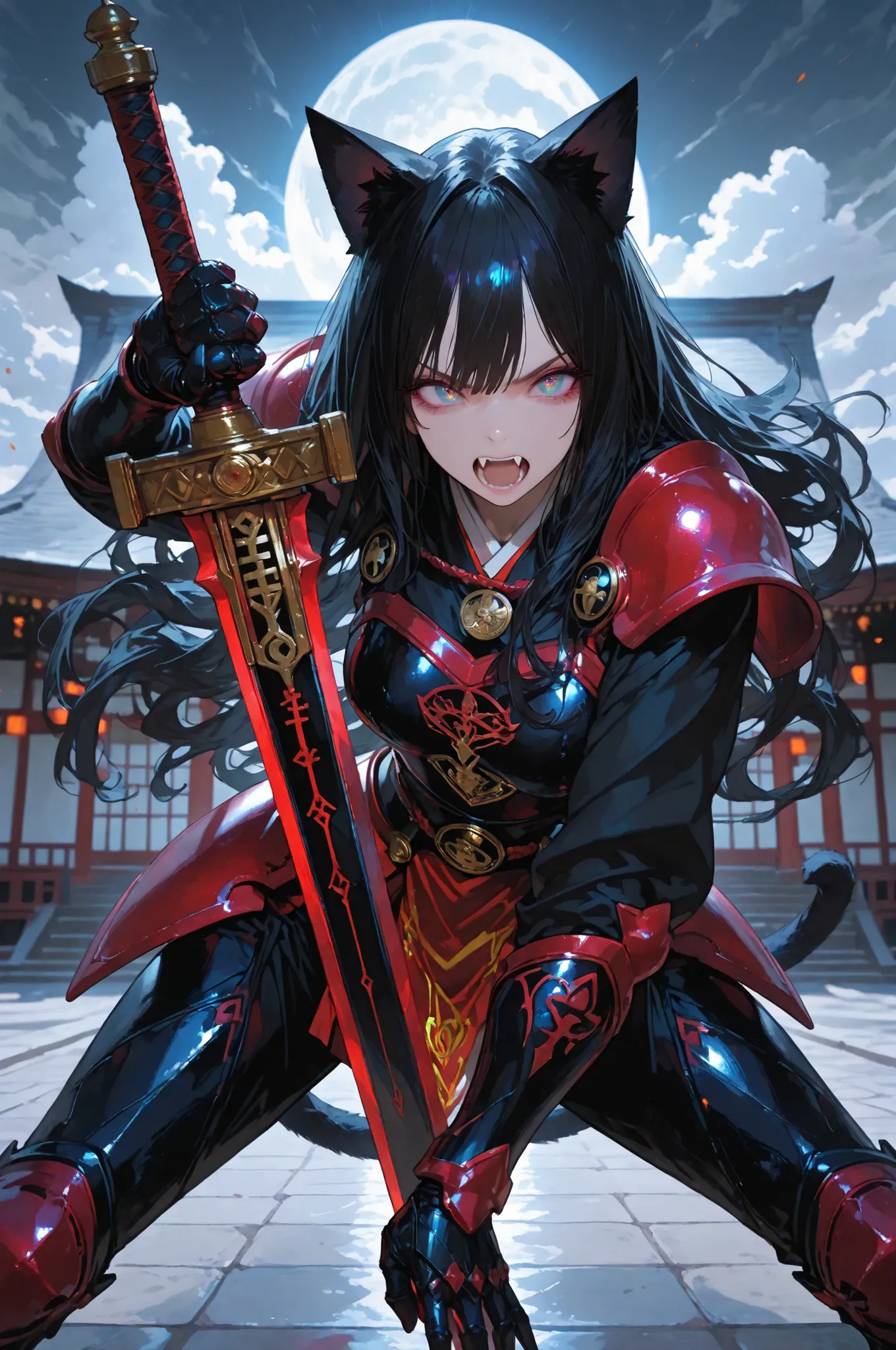 748cmstyle, fine trait,Beautiful Gorgeous Magician Neko-Girl, ((very long wavy black hair)), cat ears, cat tail, open mouth with fangs, handling a big sword , stance fighting, Armor in red Steel, handling a ancient mistic magical-staff, Photographic, green...