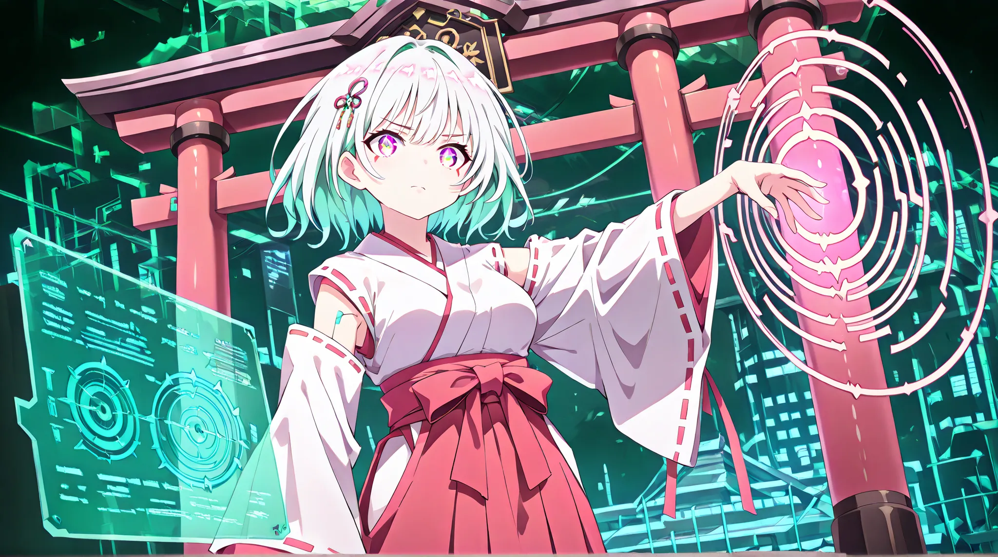 ((best quality)) , ((masterpiece)) , (detailed) , perfect face , ((Best quality , 8k , Masterpiece: 1 . 3)) , Sharp focus , Highly detailed face and skin texture, Cyberpunk Details, miko, red hakama, A shrine maiden (miko) standing in a cyberpunk-style cyb...