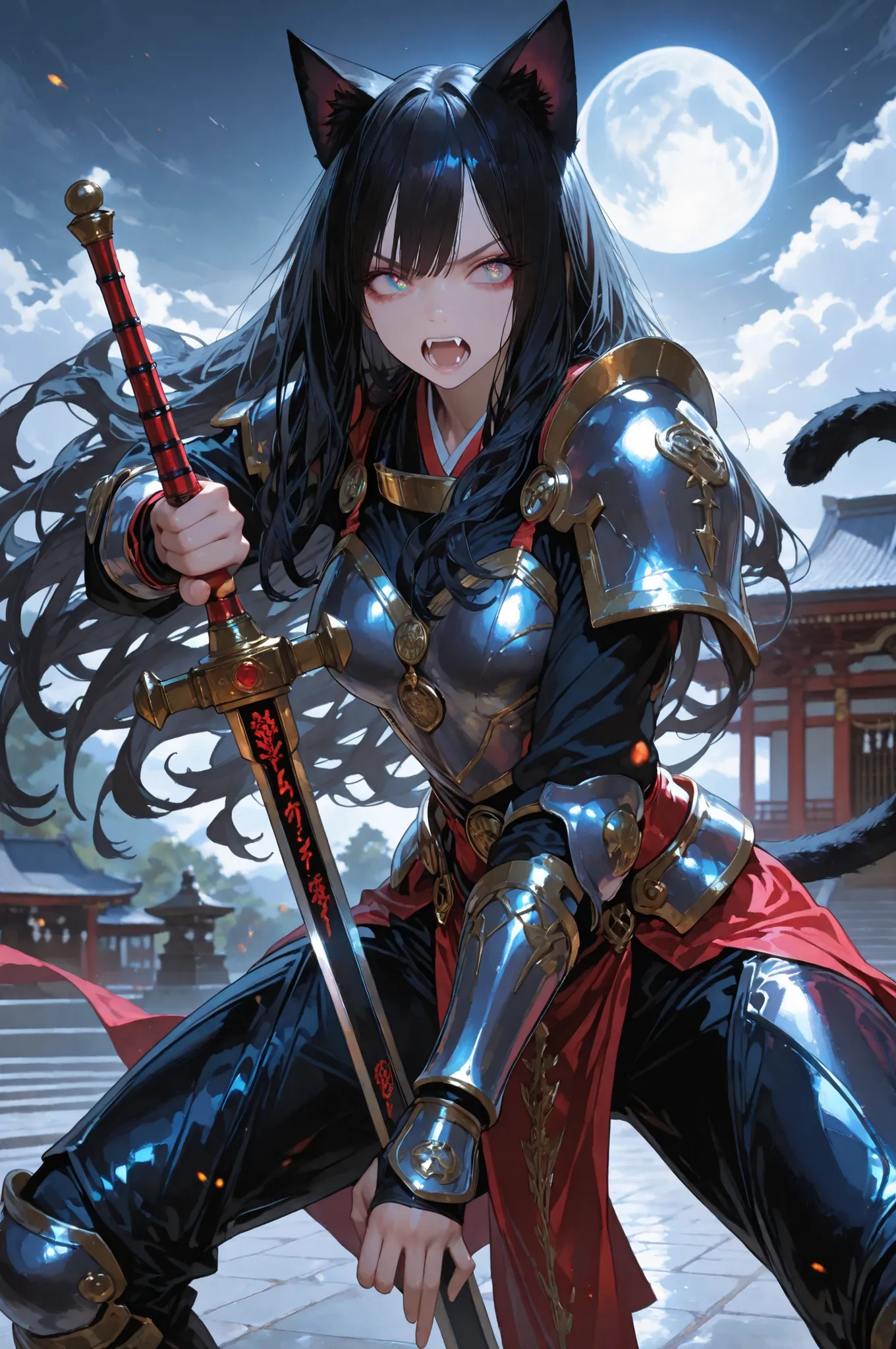 748cmstyle, fine trait,Beautiful Gorgeous Magician Neko-Girl, ((very long wavy black hair)), cat ears, cat tail, open mouth with fangs, handling a big sword , stance fighting, Armor in red Steel, handling a ancient mistic magical-staff, Photographic, green...