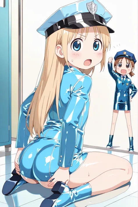 (((anime style))),score_9, score_8_up, score_7_up,masterpiece, best quality,ultra detail,1girl,((solo)),yasuna oribe,koiwai yotsuba,hakase shinonome,toddler, ((long hair)), (blue eyes), ((blonde hair)),(round eyes),((((back shot)))),((school)),((blue Polic...