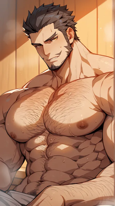 Dracule Mihawk, black hair, shirtless, drool, muscular, muscles, broad shoulders, massive pecs, hairy chest, sweaty, focused, High Resolution, sauna, solo