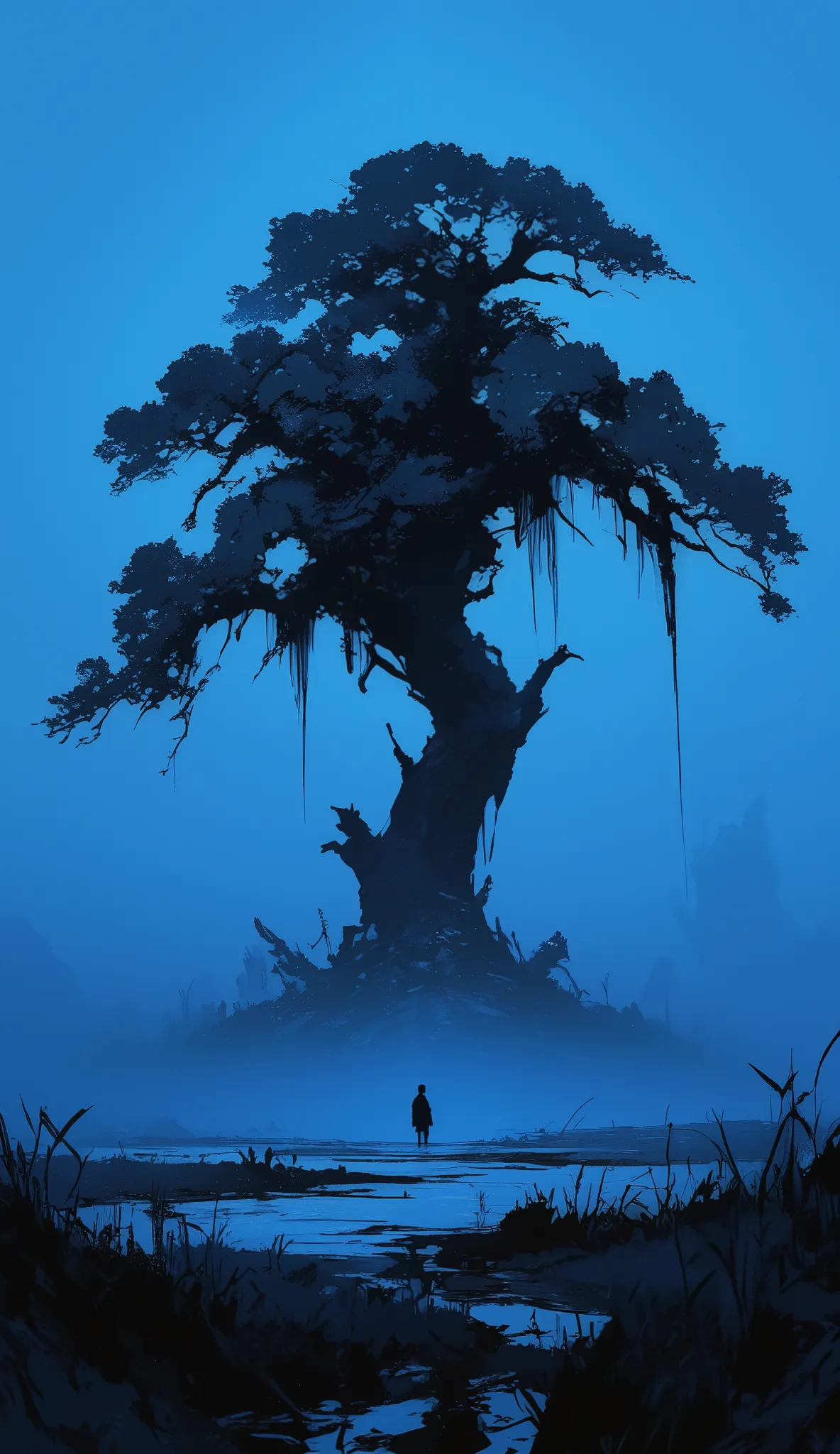 The image depicts a solitary figure standing in a vast, open field under a deep blue sky. The figure is small and appears to be gazing at the horizon. In the foreground, there are some tall grasses or reeds, and the overall scene is shrouded in a misty or ...