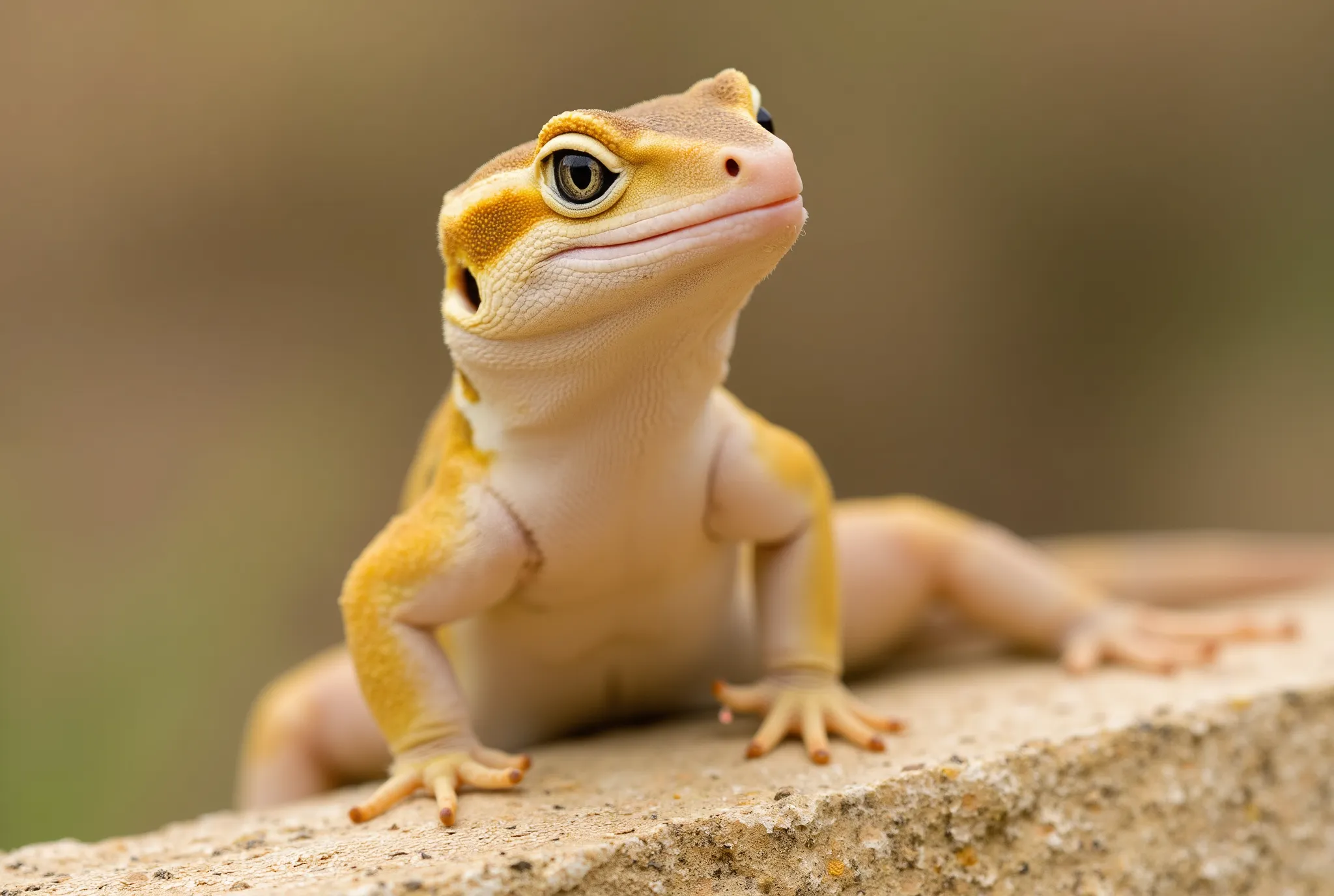 Ultra-macro, animal photography using a professional macro DSLR camera. A masterful on-site shot captures a detailed and realistic close-up of a beige gecko in Matera. Poised charmingly on a beige tuff wall, the gecko has the same color of the tuff wall, ...