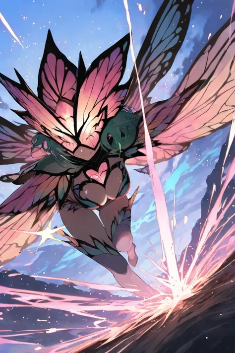 masterpiece, best quality,1 butterfly woman
,best quality,heroic pose,dynamic angle,dynamic sky background,with epic Heart mark effect, high angle shot,like CCTV footage, outward flow of magic or particles, dynamic spread from core,sky visual explosi...