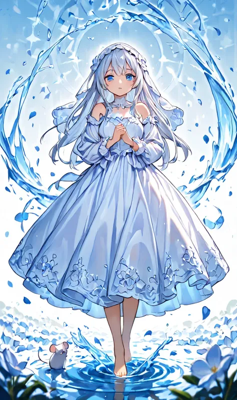  original, Flower, software, Barefoot, water, long hair, blue eyes, solo, standing, lips, 1girl, white Flower, Flower  petals, Bare Shoulders, gray hair, Bare wrist, full body, long sleeve, Veil, watching viewers, Bareleg, parted lips, Bang,  photoshop (mi...