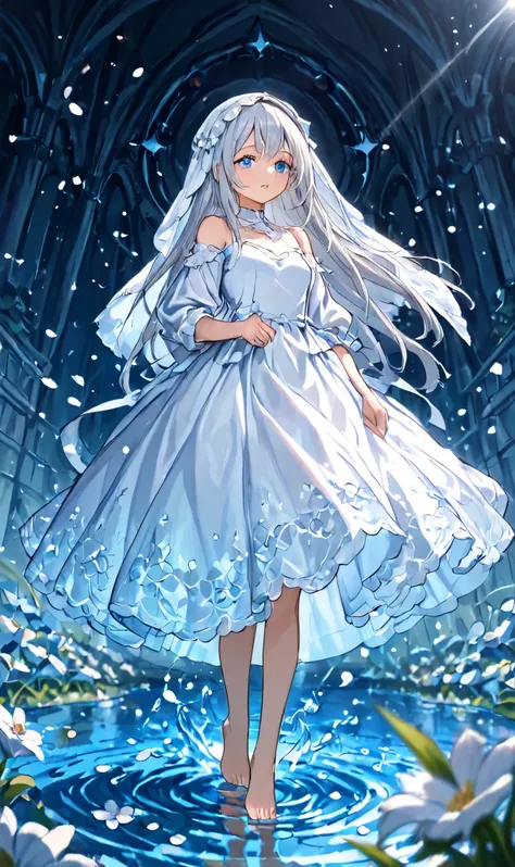  original, Flower, software, Barefoot, water, long hair, blue eyes, solo, standing, lips, 1girl, white Flower, Flower  petals, Bare Shoulders, gray hair, Bare wrist, full body, long sleeve, Veil, watching viewers, Bareleg, parted lips, Bang,  photoshop (mi...