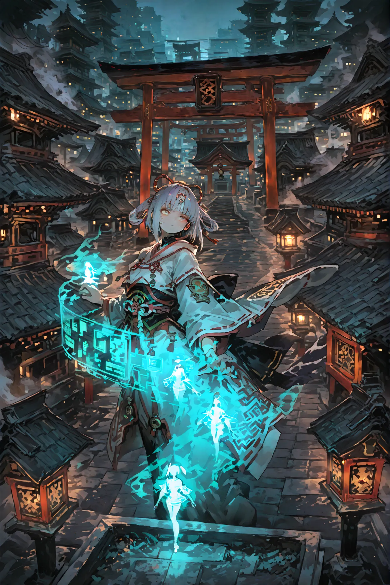 Futuristic Rooftop Shrine, Surrounded by Neon Streets, Cyberpunk Streetscape, Shining Torii Gate, Cyber Shrine Maiden with Tech Patterns in Traditional Costumes, Floating Hologram Amulets, Electric Lantern, Foggy Atmosphere, dramatic lighting, Mysterious A...