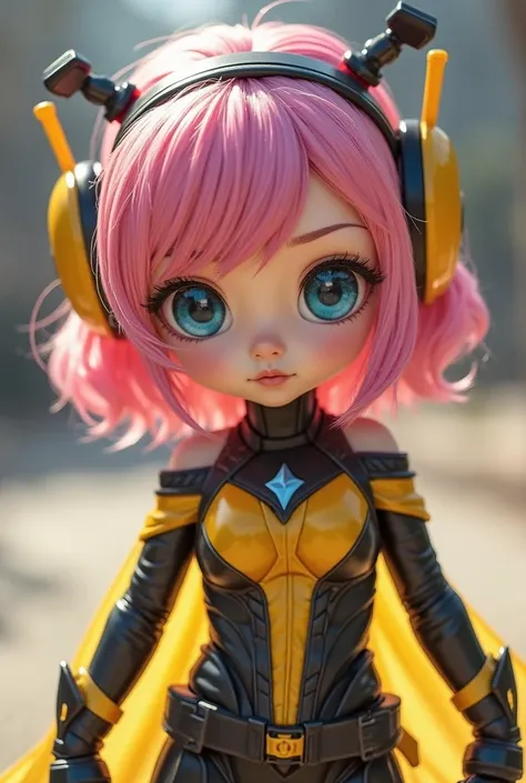 Pretty Cute Beautiful girl as Wasp the avenger ( Superhero Costume : yellow and black short, off shoulder gown ), pink hair, cute expressive blue eyes, best quality, head to feet, front look, black and yellow boots, yellow and black headset, front look, lo...