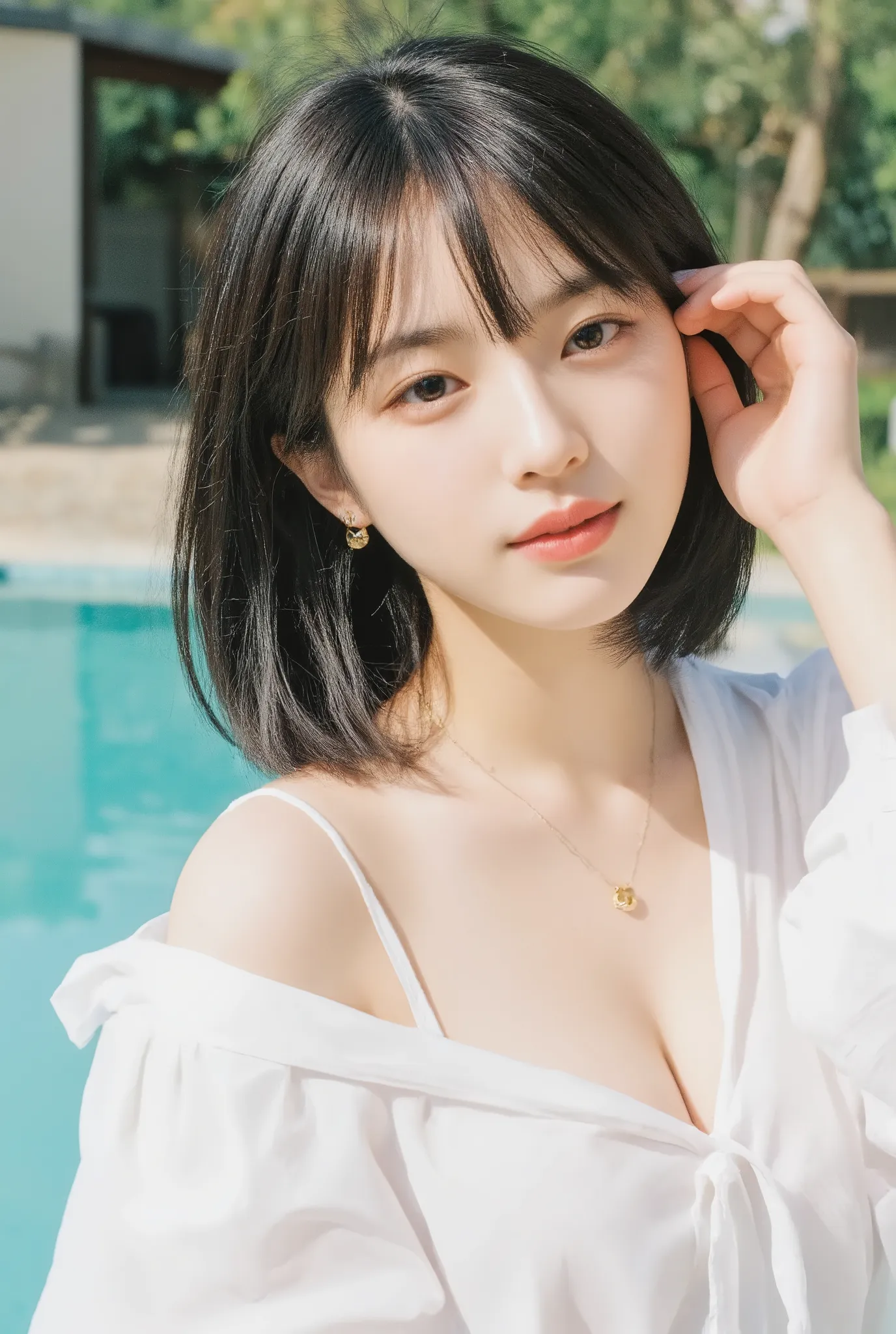 ((top quality)), ((masterpiece)), (ultra detailed),(8k),one Japanese girl,beautiful face,smile ,open mouth,look at me ,full body,black short hair, white skin ,white shirt one piece, ribbon accents,cleavage, small gold earrings,small gold necklace,(accurate...