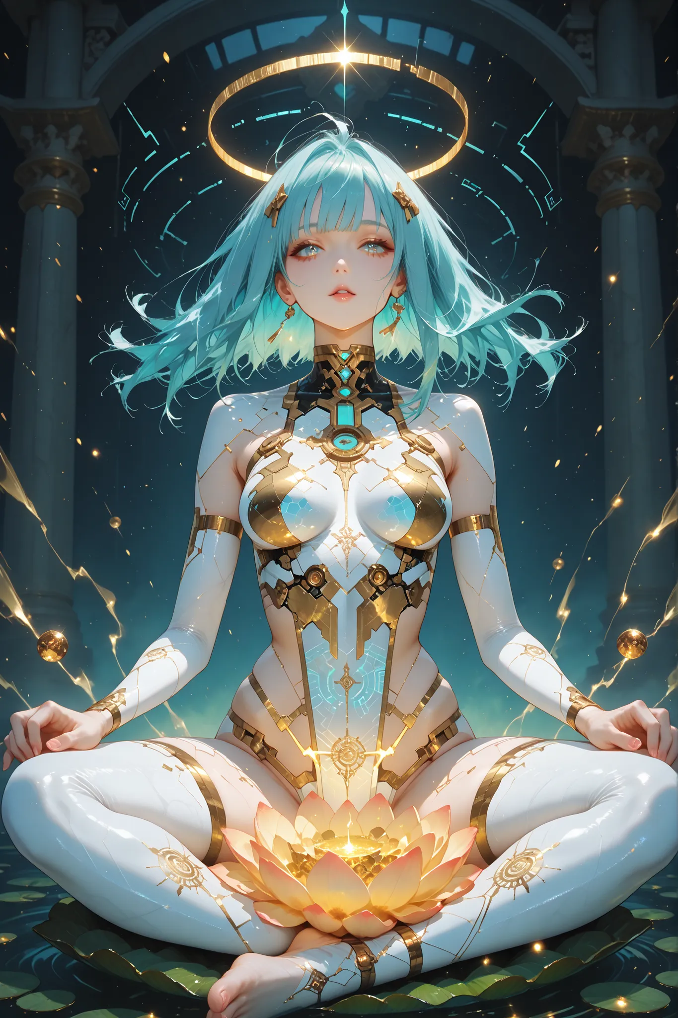 1girl, (sfw:1.5), a trasendent cyber shrine maiden, sitting in lotus position at the heart of a futuristic temple of luminous, crystalline architecture, Her arms are adorned with biomechanical tattoos that pulse in cobalt and gold, etching sacred algorithm...