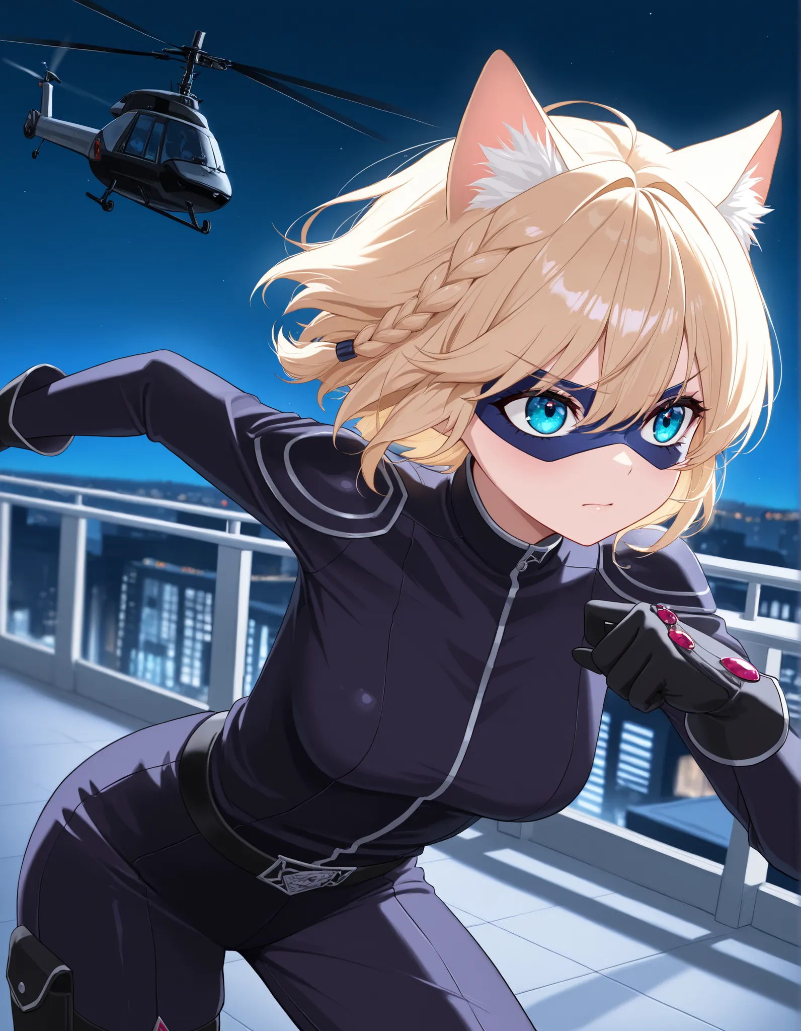 masterpiece, best quality, high resolution, intricate details, detailed background, professional, 8k, solo, solo focus, 1girl, young adult female, blonde hair, short hair, braid, aquamarine eyes, cat ears, animal ears, cat girl, cat burger, dark purple cat...