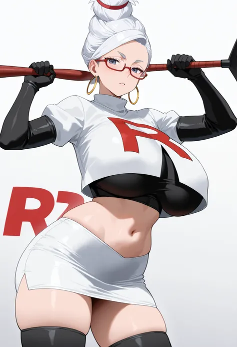 (masterpiece) ,best quality,amazing quality,very aesthetic,absurdres,newest, Seiko Ayase (Dandadan), team rocket,team rocket uniform,white skirt,red letter R,crop top,black thigh-highs,black elbow gloves, 1girl,mature female,seiko_wz, white hair, hair up, ...