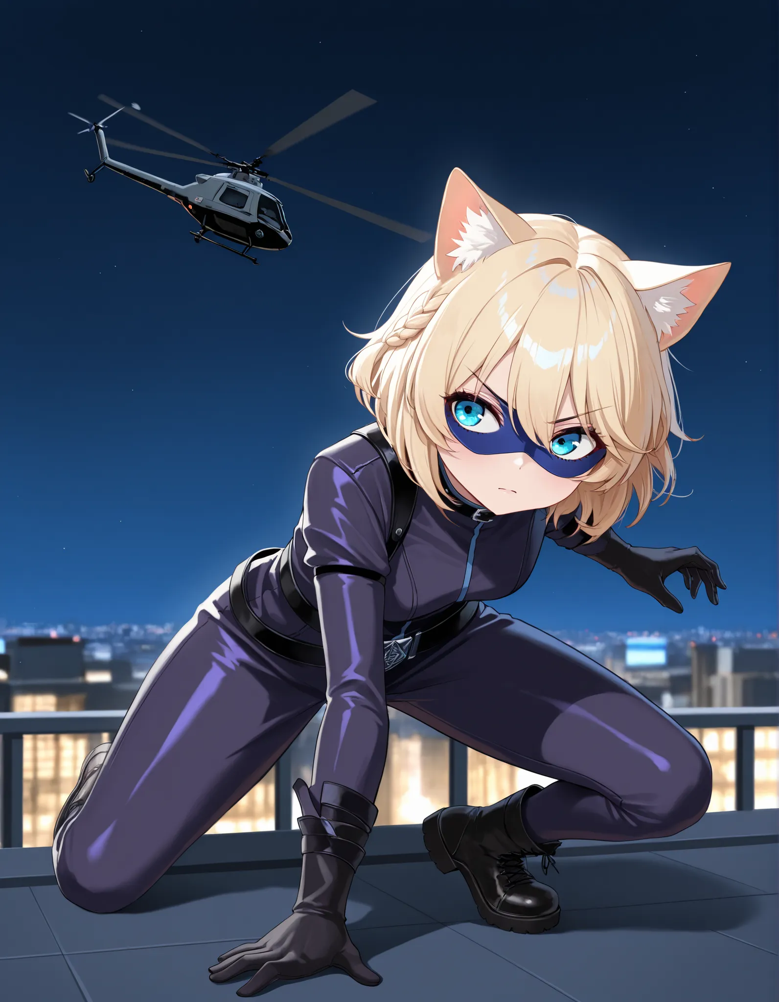 masterpiece, best quality, high resolution, intricate details, detailed background, professional, 8k, solo, solo focus, 1girl, young adult female, blonde hair, short hair, braid, aquamarine eyes, cat ears, animal ears, cat girl, cat burger, dark purple cat...