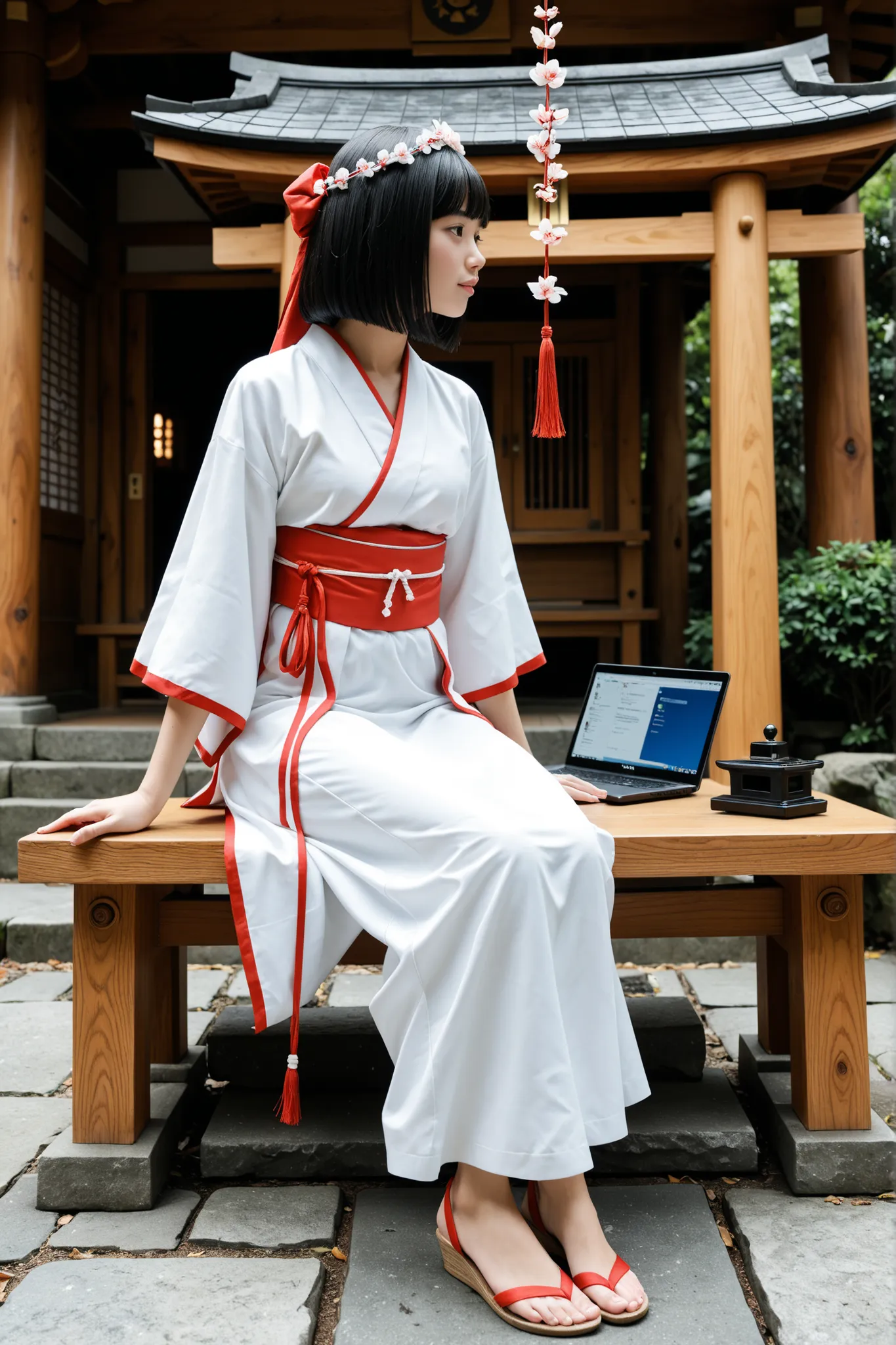 ((Full body depiction, facing sideways, wearing a shrine maiden's costume)), background is computer integrated circuits, glossy black bob hair, sitting,