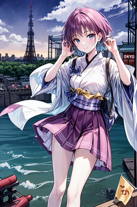 (( masterpiece)), ((top quality)), ((top quality)), (( very detailed)), ((8k CG wallpaper)), ((very delicate and beautiful)), ((shape)), (high resolution), girl on the left、((( Tokyo の風景:2.0)))、((( Tokyo tower:3.0))),Around Town , my hair,short...