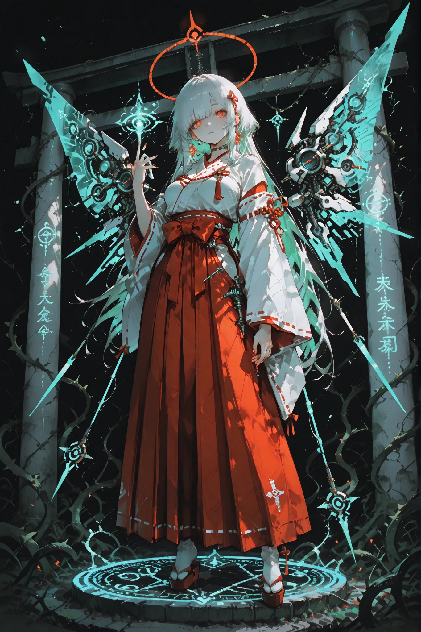 Set in a mystical, futuristic landscape where ancient Japanese spirituality intertwines with cutting-edge technology, the scene features a breathtakingly beautiful female cyborg miko embodying sensuous femininity. Her face is that of a stunning Japanese wo...