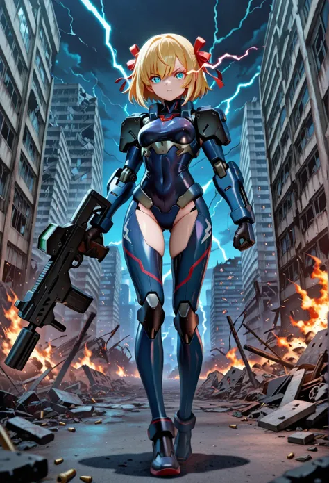 masterpiece, top quality, amazing quality, perfect face, highest resolution, anime-style pattern, hentaianime-style pattern, 3DCG, 1girl, solo, Cyborg Girl, android girl, blonde hair, hair ribbon, short hair, blue eyes, Modern Armament, Heavily armed maiden, Modern Armamentをする少女, Survival Girl, Meisei Shoujo, (((serious expression, Pistolを両手で構える))), Full Body, Pistol, 未来Pistol, , Pistolを両手で持つ少女, Pistolを放つ少女, night, In an Abandoned City, nightの廃墟, Ruined Streetscapes, Broken Buildings, Mossy Building, shoot a bullet, Fire the gun, A World Dominated by Robots, SF, cyberpunk, The End,  End of the Century, 薄明りがあるnight, The robot's eyes light up, Robots Are Patrolling, Hiding Girl, 壁際にHiding Girl, 未来Pistolを構える少女, eye trail, flaming eyes, lightning eyes