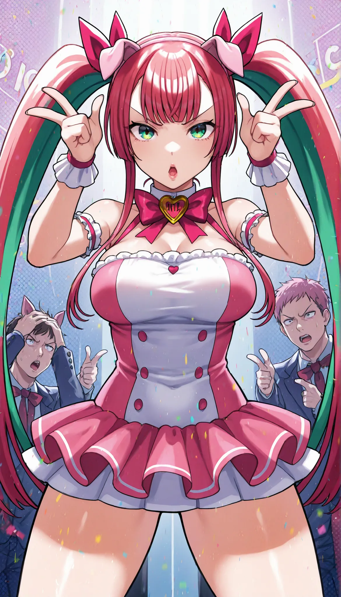 1girl, solo, Hikimoto Dia, pink hair, long hair, twin tails, stupid hair, blunt bang, green eyes, lips, V-shaped eyebrows, big boobs, thighs are thick, dia_Costume, Fake Pig Ears, Disconnect, pink dress, Short Dress, pink ribbon, 片足でstandingふくらんでいるショートスリーブ...