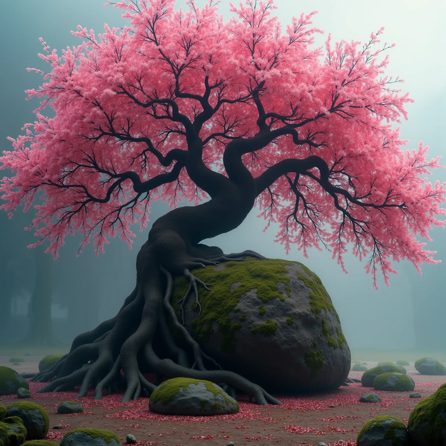 Cherry blossoms in full bloom growing on a huge rock