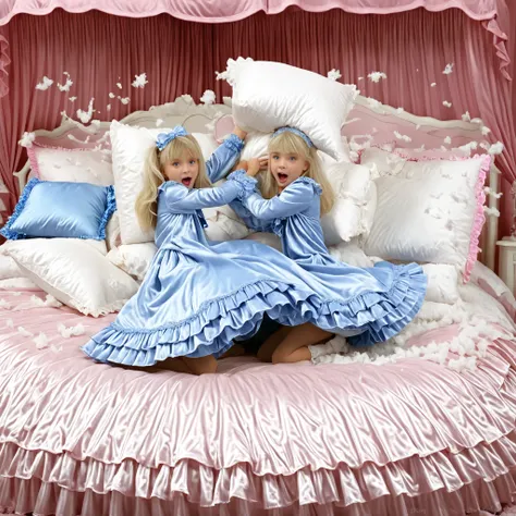american girl,on the bed,((cute girl on a big bed)),((As a child )),((Little Girl)), ((little girls pillow fighting on the bed,pillow fight:1.2,)),they have a frilled silk satin pillow,((lot of white feather flying,detailed realistic feather:1.0)),short bo...
