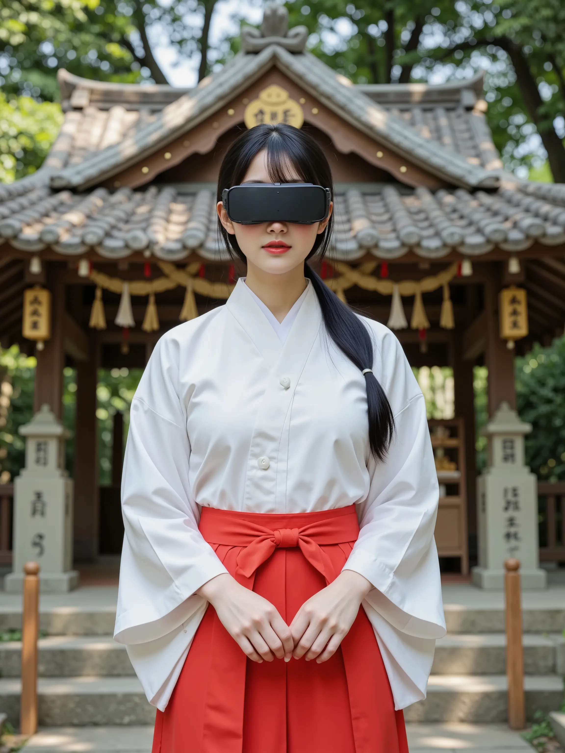 A humanoid female robot wearing a traditional Japanese miko priestess outfit consisting of a white haori jacket and red hakama pants stands in front of a wooden Shinto shrine building with a distinctive curved roof. The robot has metallic silver skin with ...