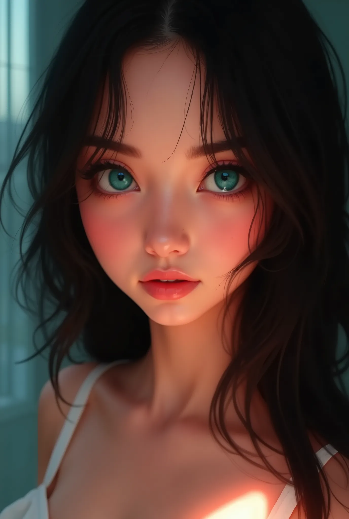 The image is a digital illustration that depicts a beautiful young girl with long dark hair. She has expressive turquoise almond-shaped eyes. Expressive makeup. Black eyeliner. Dark eyebrows. The lips of a natural shade are slightly parted. An indifferent ...