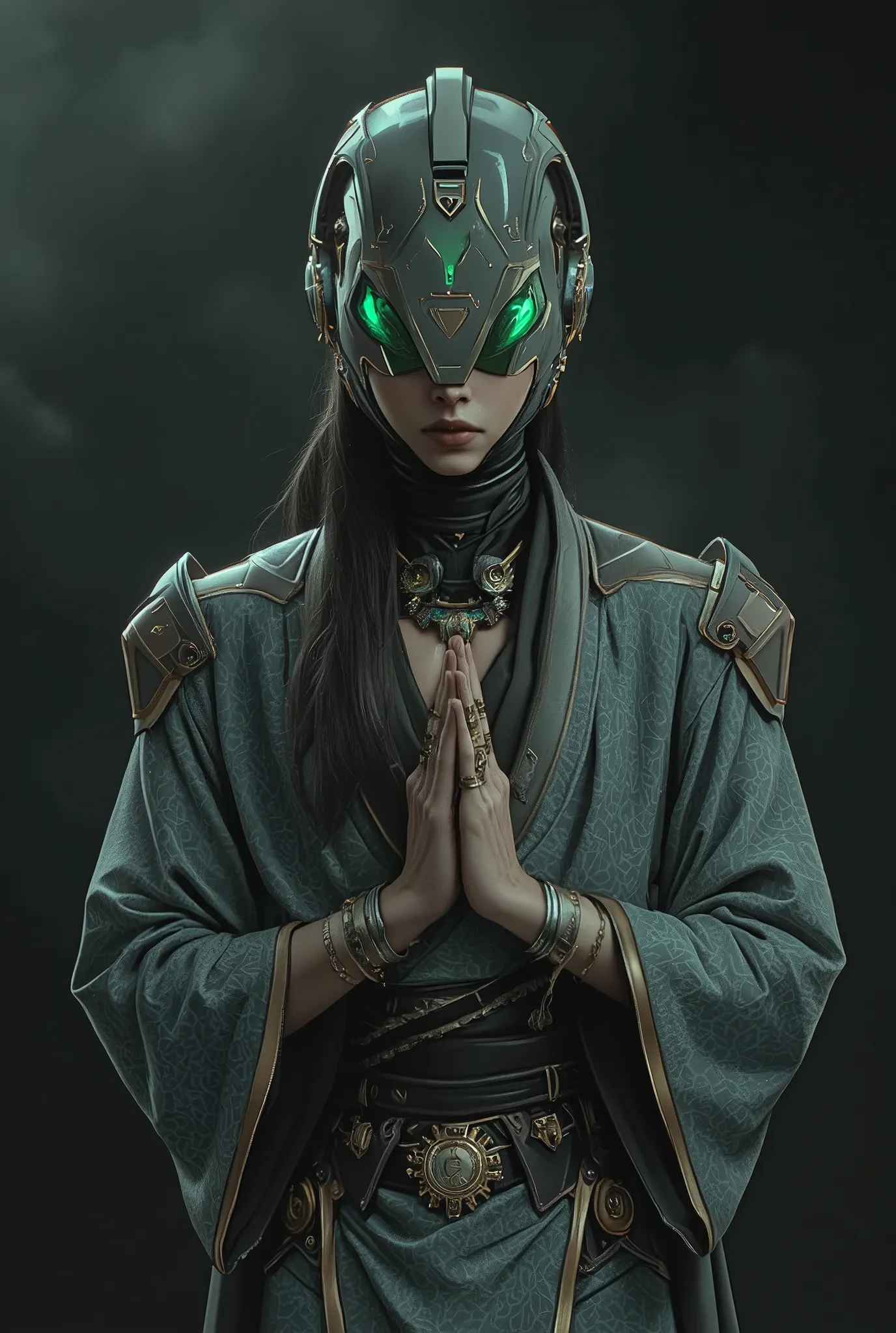 mysterious and beautiful female humanoid creature with glowing green eyes embedded in its iridescent armor, her hands are clasped together as if in prayer, elegant futuristic kimono with gold accents, monochrome color scheme, dramatic studio lighting, ultr...