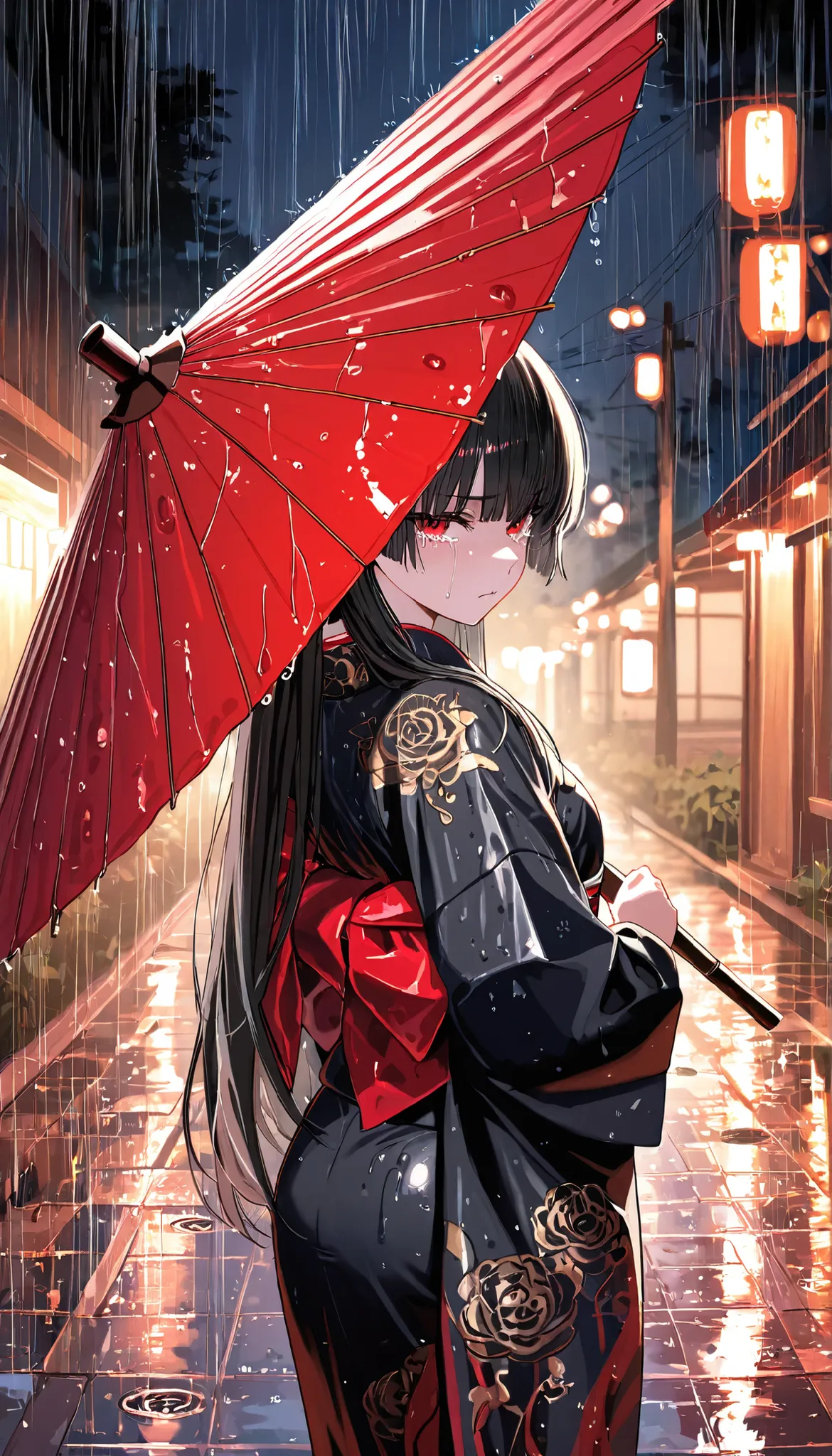 masterpiece, High Quality,  High Quality , Newest,  night,rain,Outdoors,glare,Don't watch viewers　one girl, Alone, 
Kimono,  long hair, ,  luxurious embroidered Kimono , Home Cut, bang, blunt bang,  gem, black Kimono,  Red Eyes, BREAK
Standing  ,look back,...